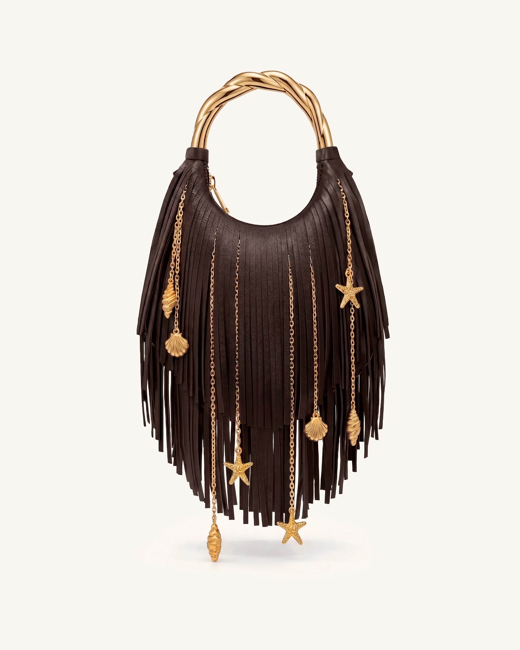 Chloe Metal Handle Fringe Top Handbag - Dark Brown