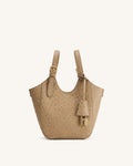 Ines Faux Ostrich Padlock Tote Bag - Khaki