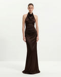 Satin Cowl Neck Ruched Maxi Gown - Dark Chocolate