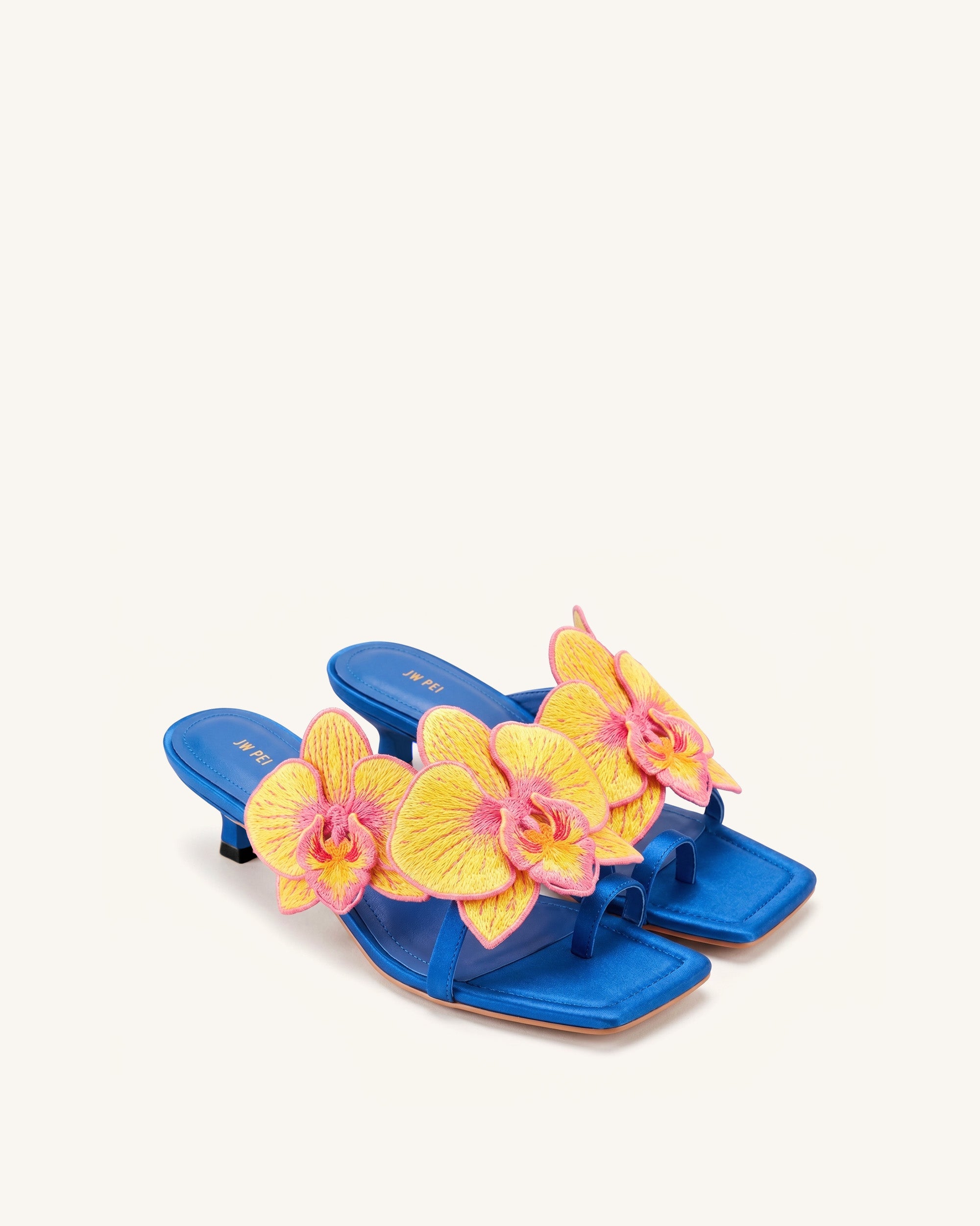 Serena Orchid Embroidered Toe Ring Heeled Sandals - Royal Blue