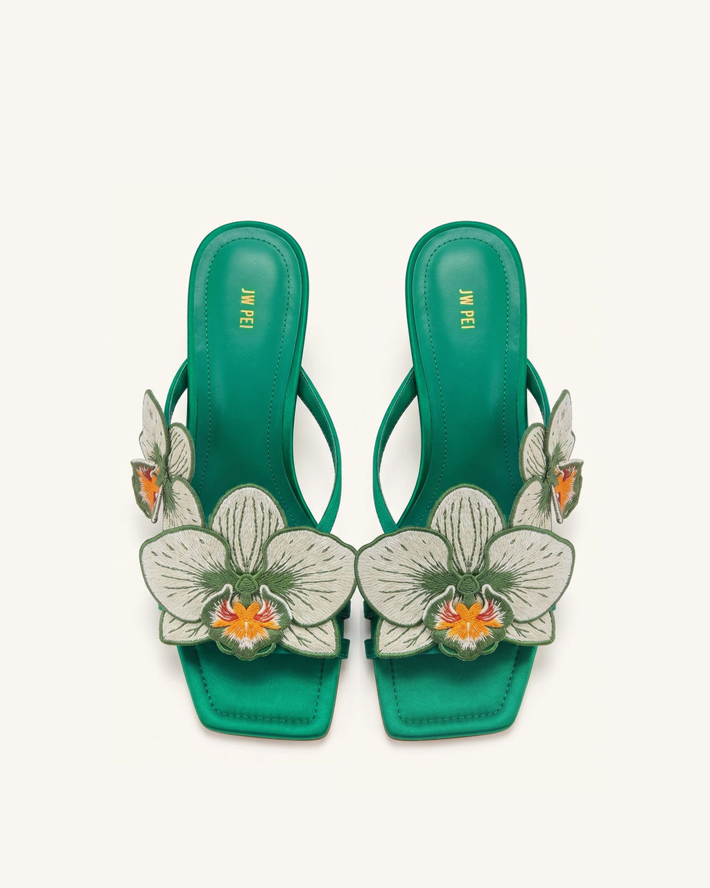 Serena Orchid Embroidered Toe Ring Heeled Sandals - Emerald Green