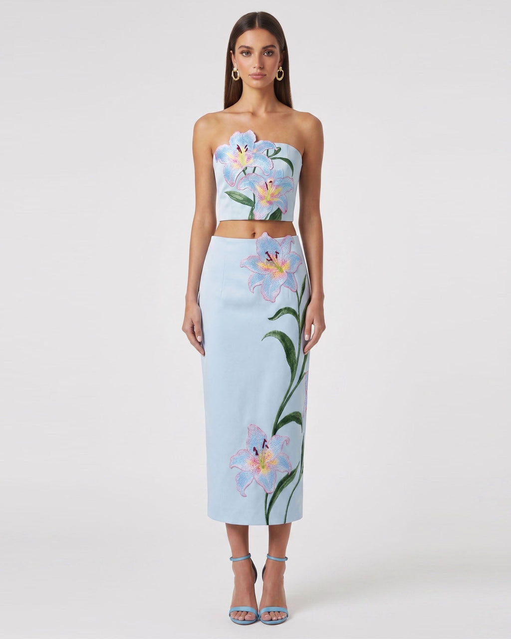 Lily Floral Embroidered Strapless Corset Top - Light Blue