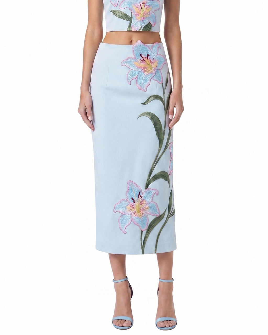 Lily Floral Embroidered High Waist Pencil Midi Skirt - Light Blue