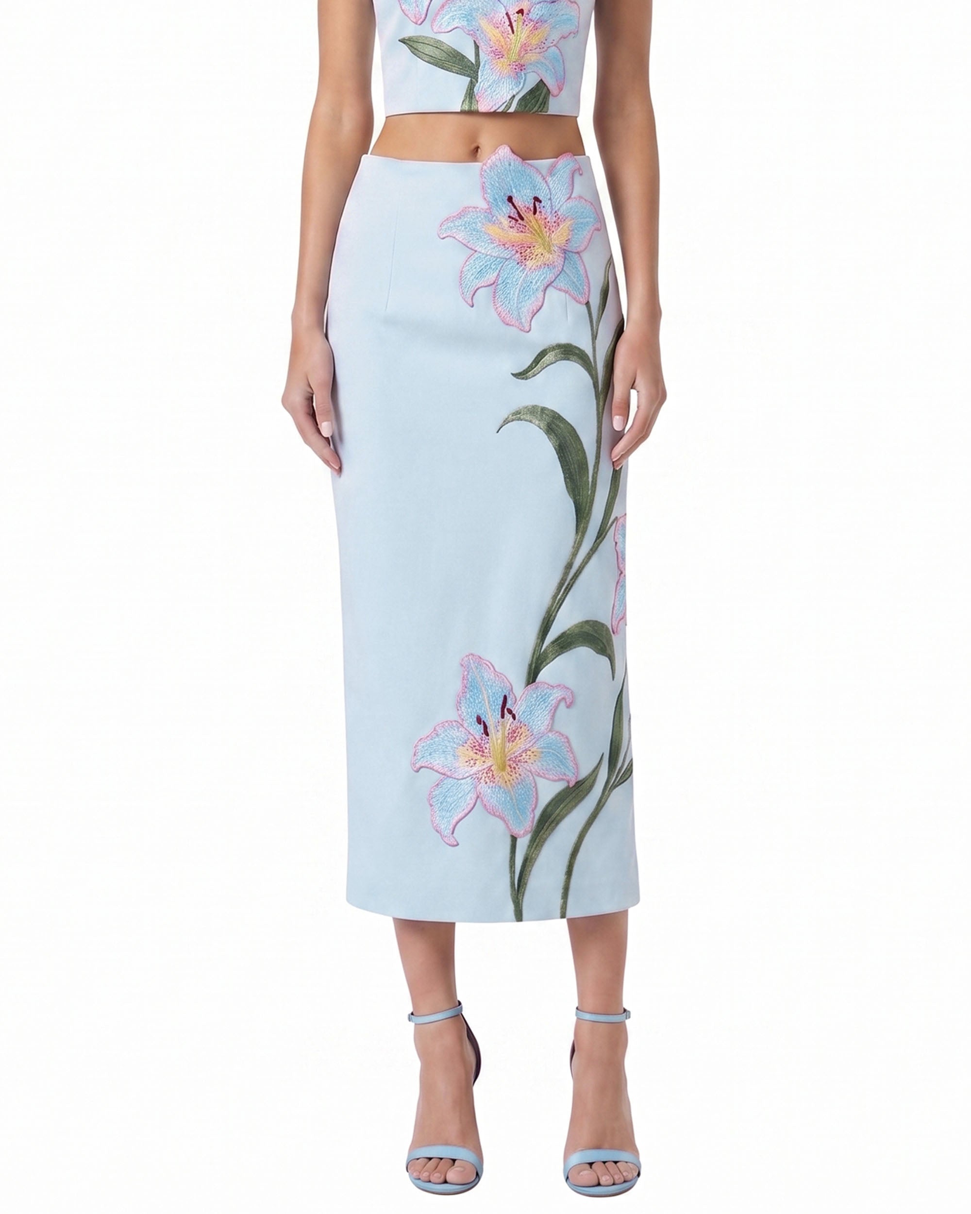 Lily Floral Embroidered High Waist Pencil Midi Skirt - Light Blue