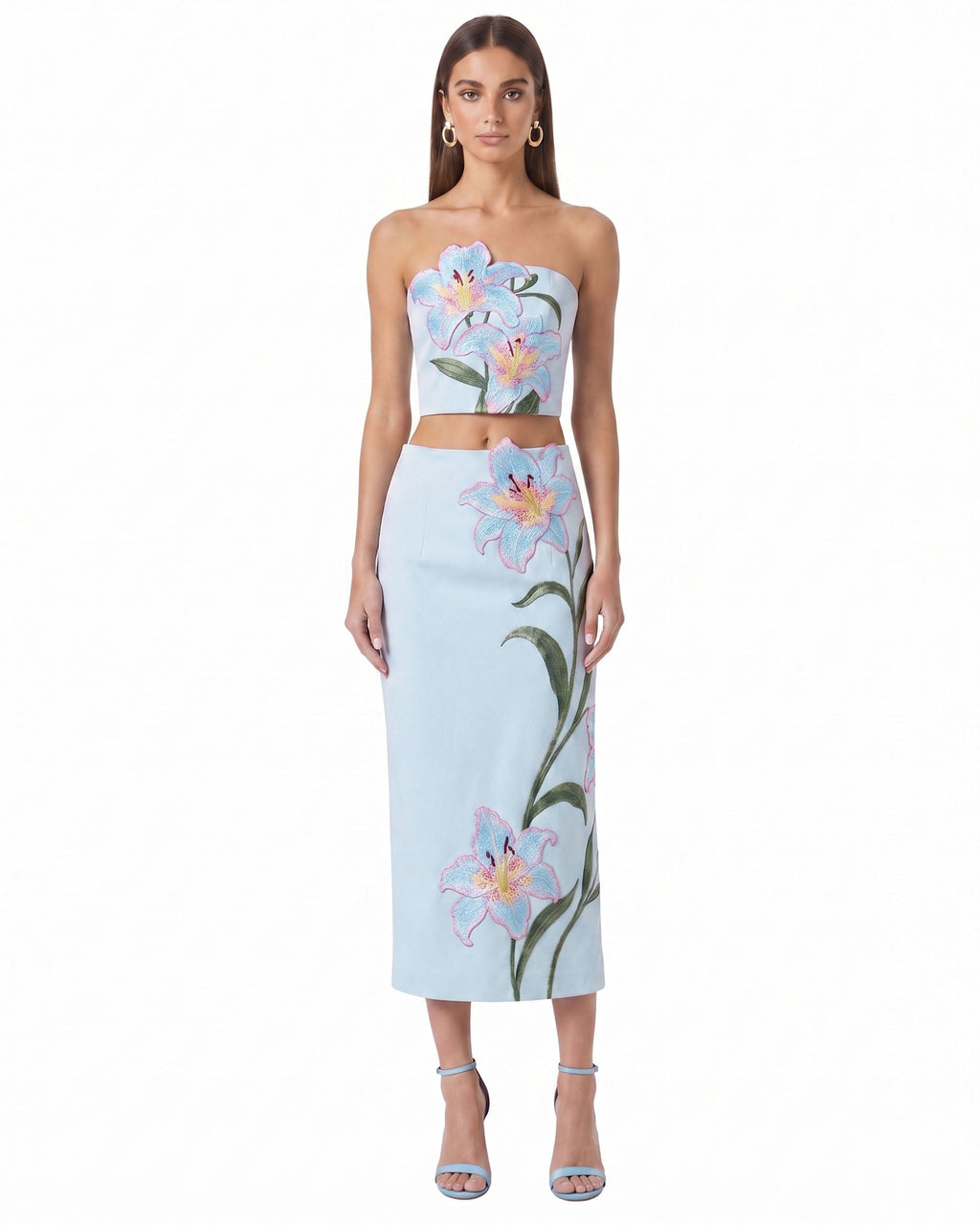 Lily Floral Embroidered High Waist Pencil Midi Skirt - Light Blue