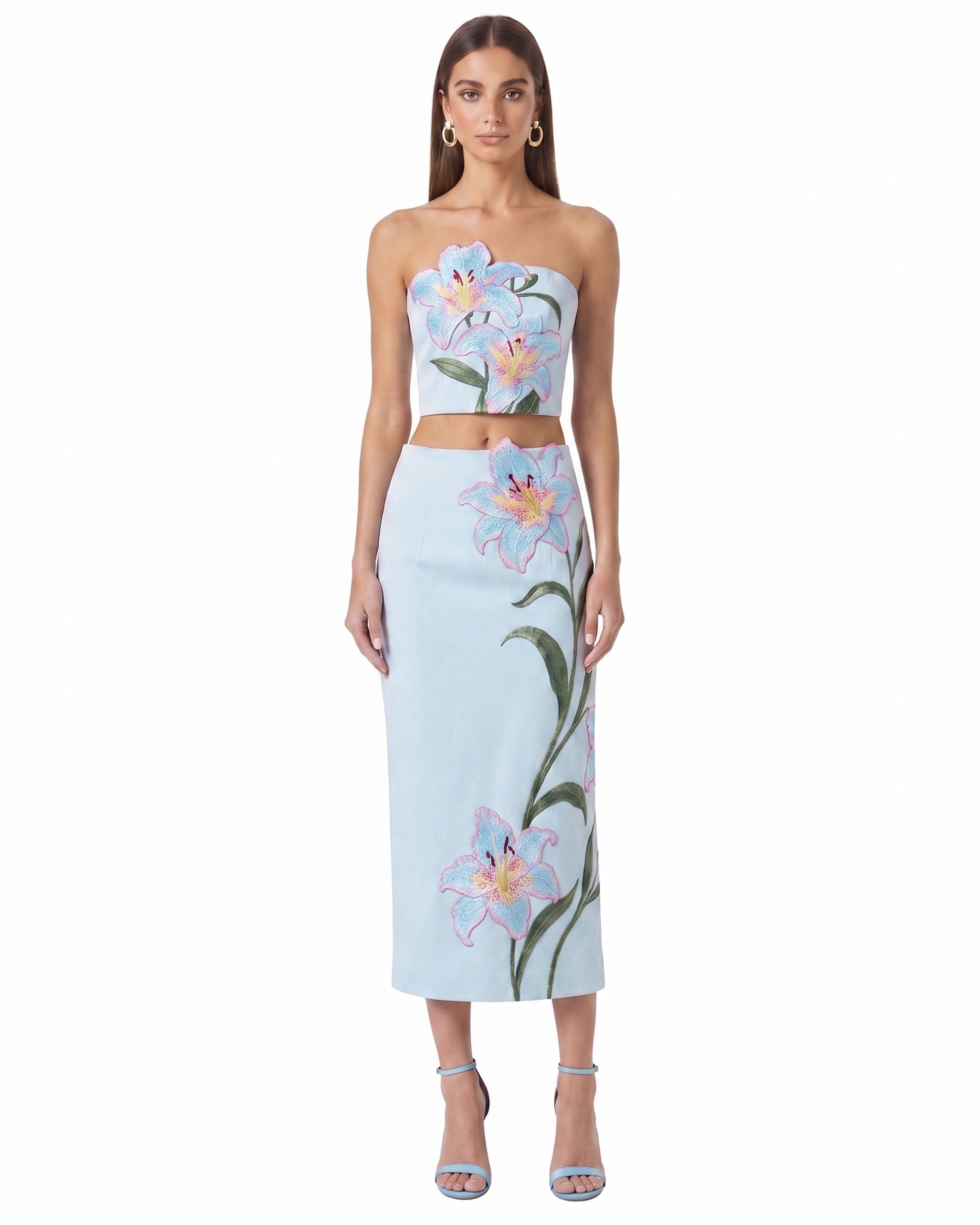 Lily Floral Embroidered High Waist Pencil Midi Skirt - Light Blue