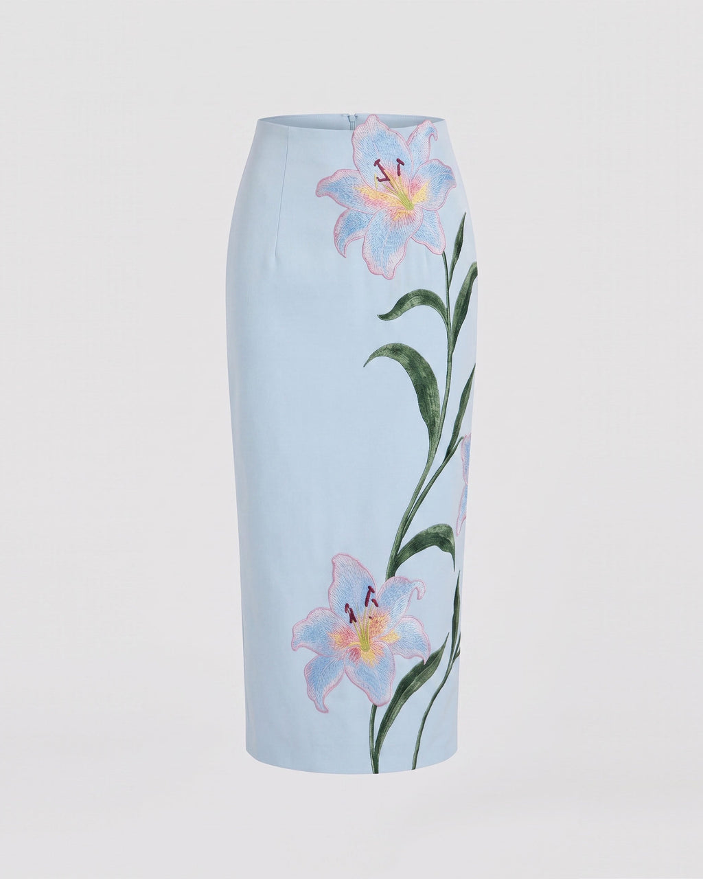 Lily Floral Embroidered High Waist Pencil Midi Skirt - Light Blue