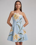 Lily Floral Print Strapless A-Line Mini Dress - Light Blue
