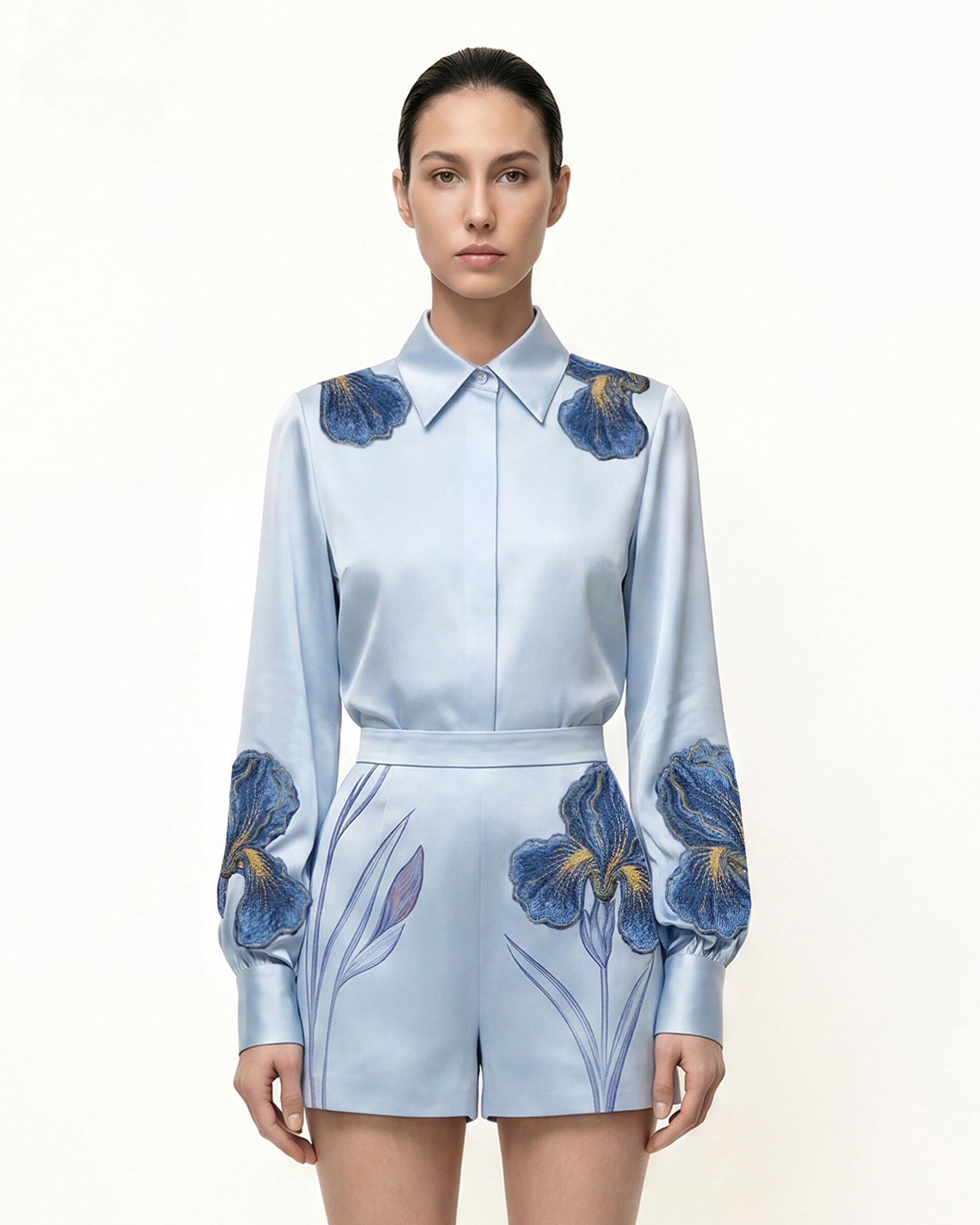 Iris Embroidered Collared Long Sleeve Shirt - Light Blue