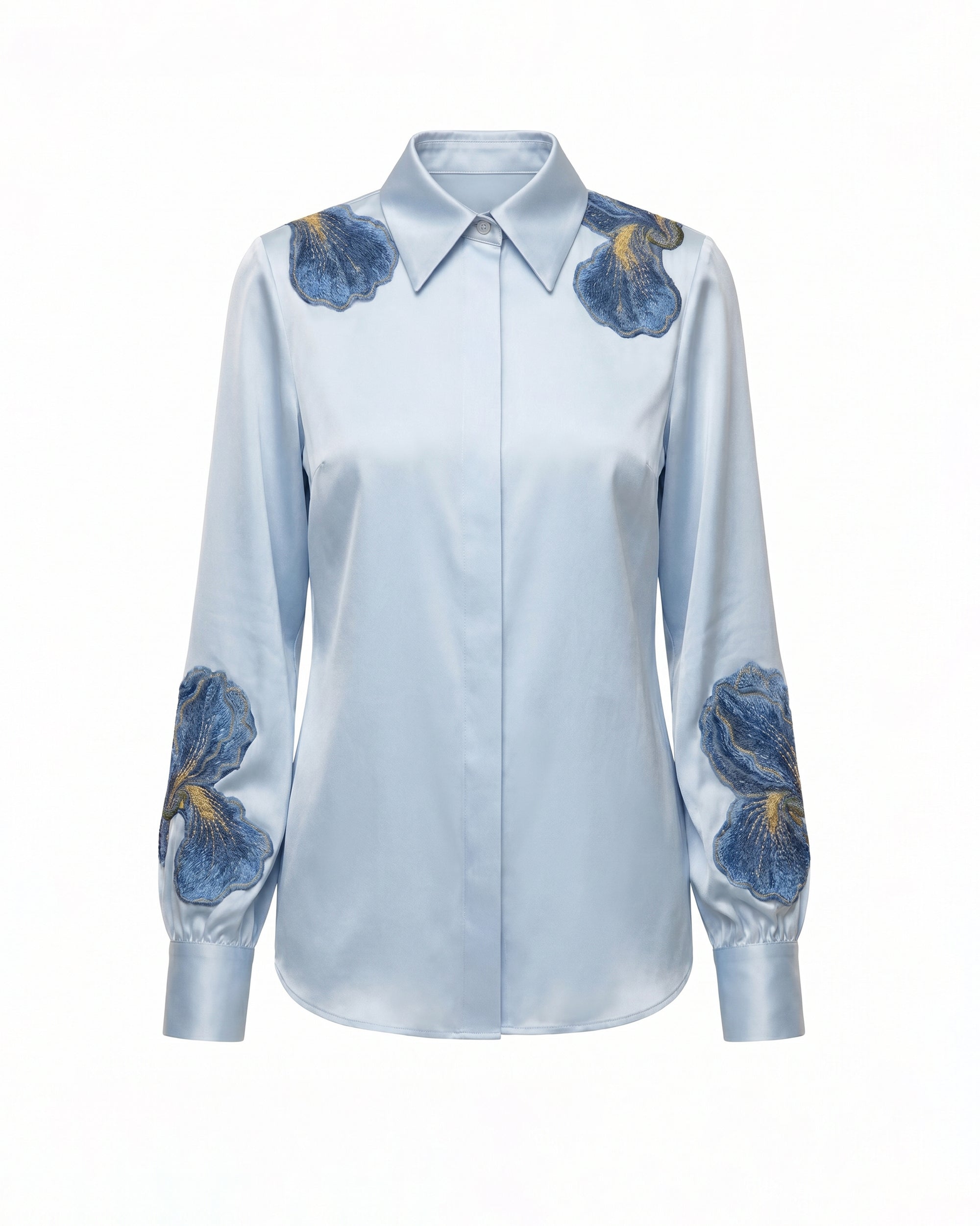 Iris Embroidered Collared Long Sleeve Shirt - Light Blue