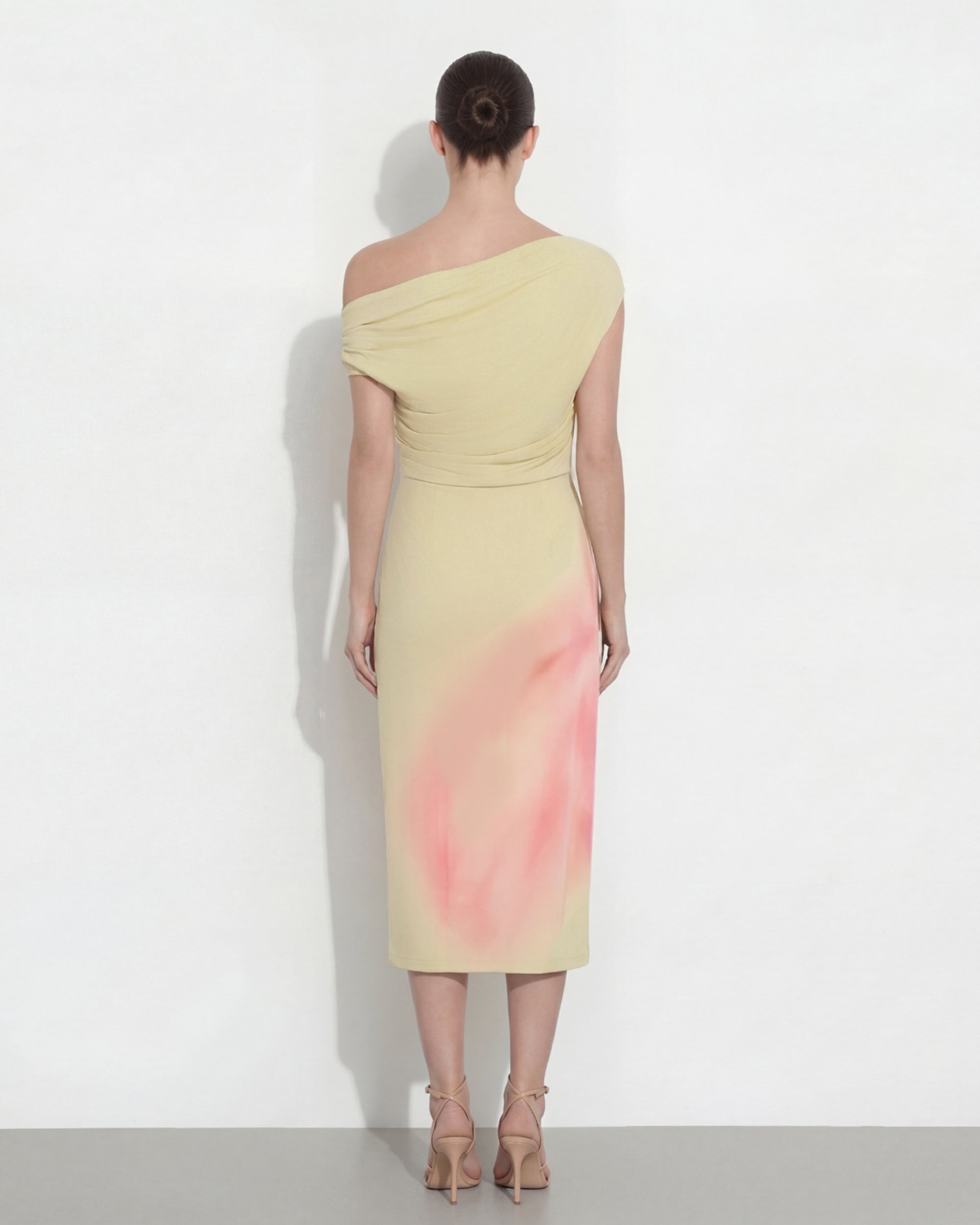 Watercolor Floral Print One-Shoulder Asymmetric Midi Dress - Yellow