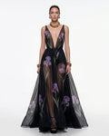 Sheer Floral Print Maxi Dress - Black