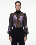Iris Print Sheer High Neck Blouse - Black/Purple