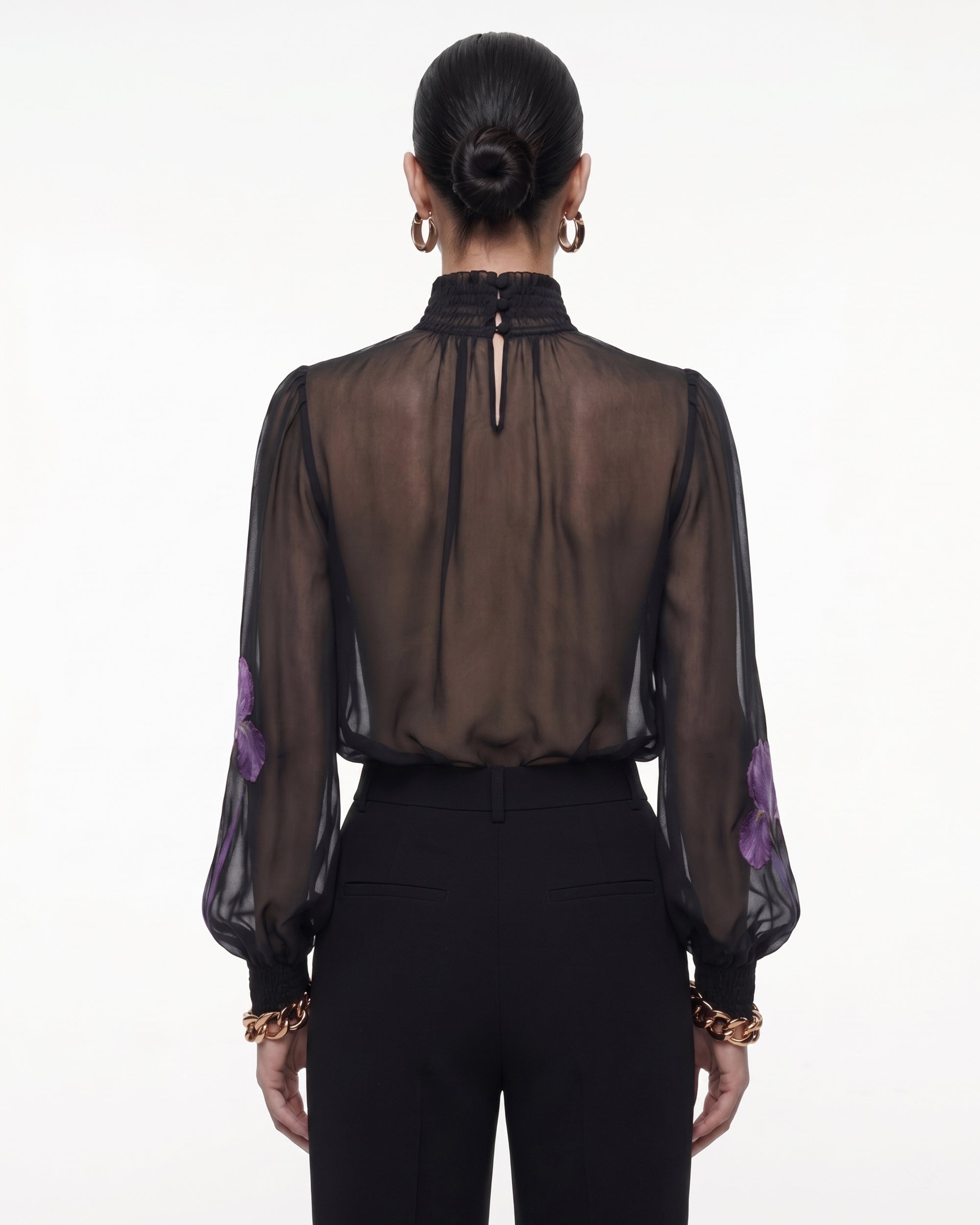 Iris Print Sheer High Neck Blouse - Black/Purple