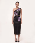 Iris Floral-Print High Waist Pencil Leather Midi Skirt - Black