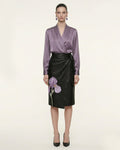 Satin Wrap V Neck Long Sleeve Blouse - Dusty Mauve