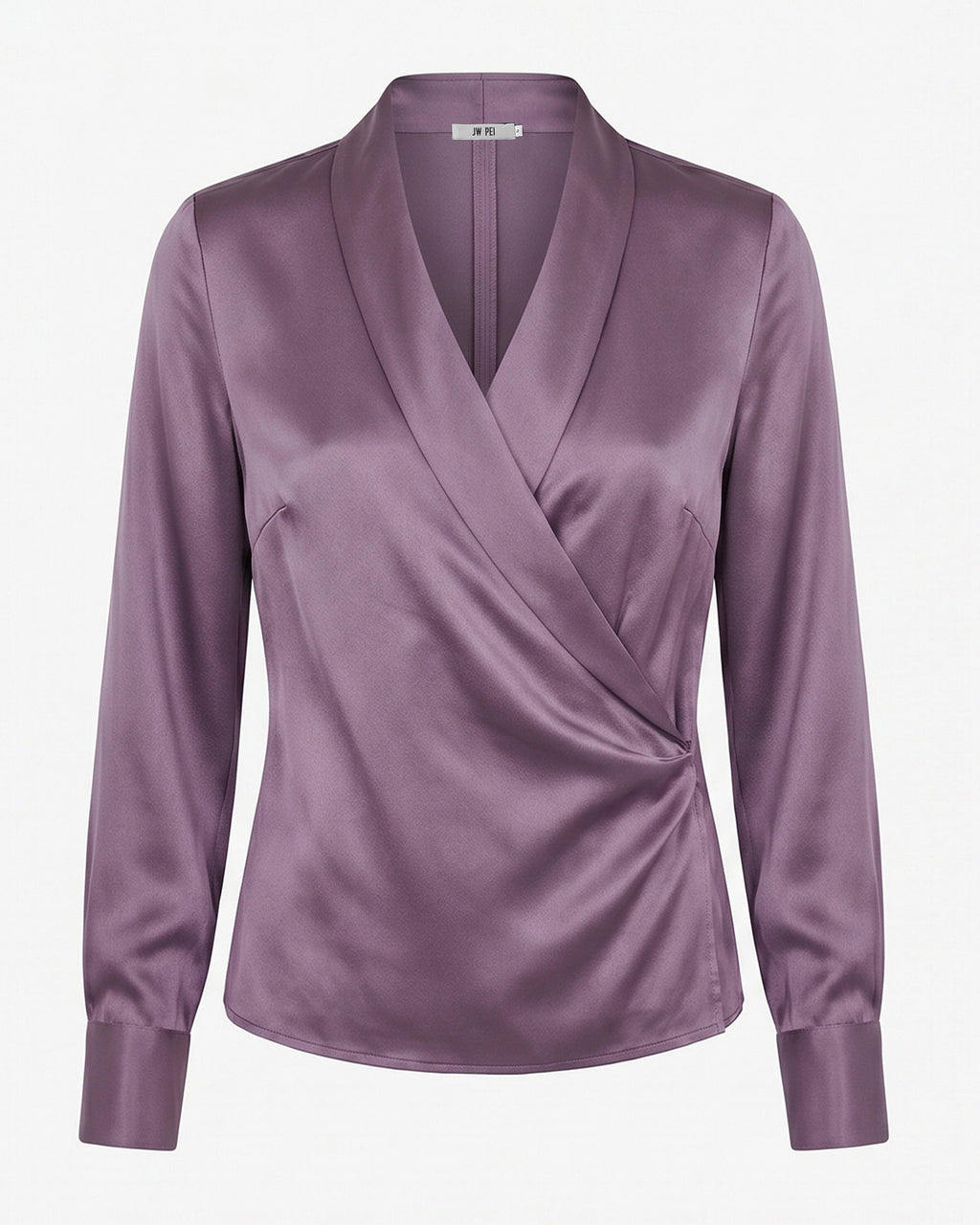 Satin Wrap V Neck Long Sleeve Blouse - Dusty Mauve