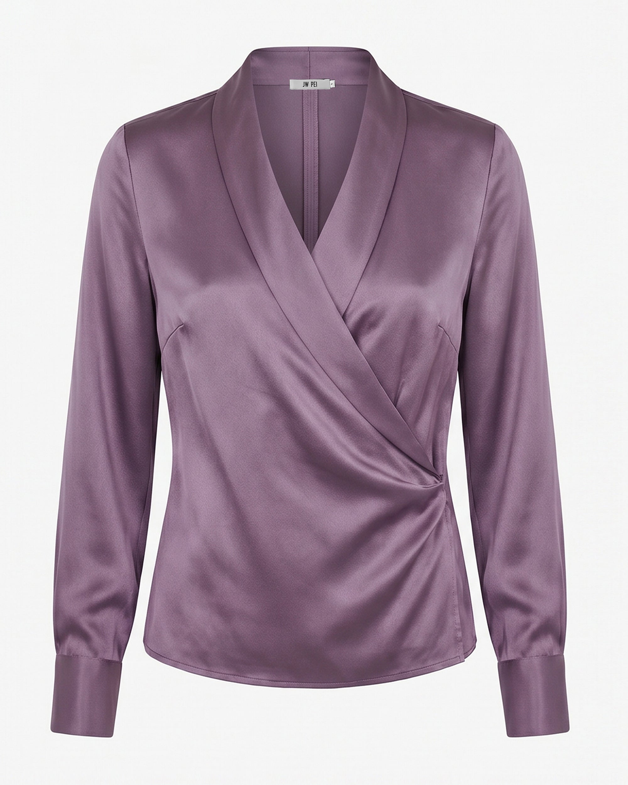 Satin Wrap V Neck Long Sleeve Blouse - Dusty Mauve