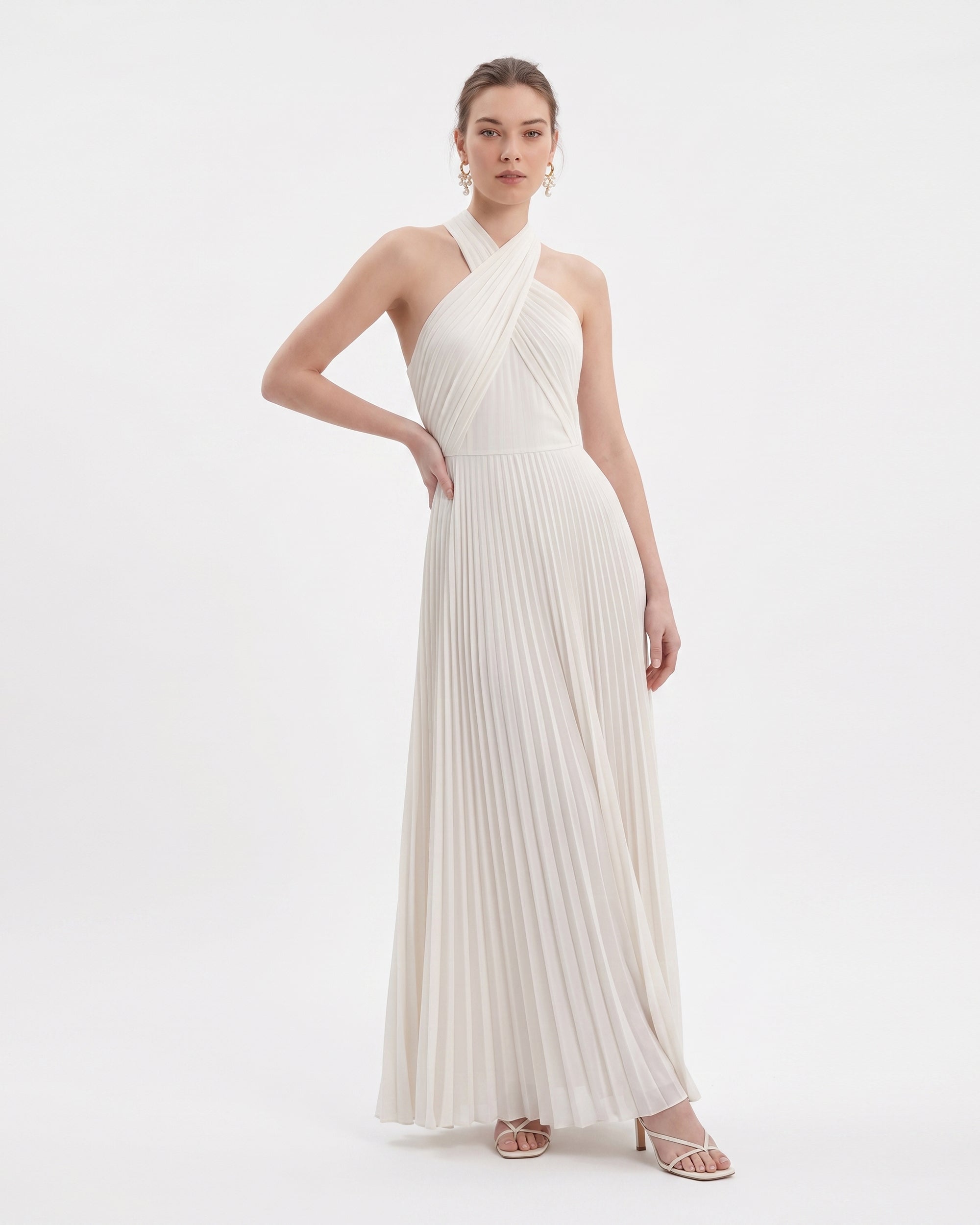 Pleated Cross Halter Maxi Dress - Ivory