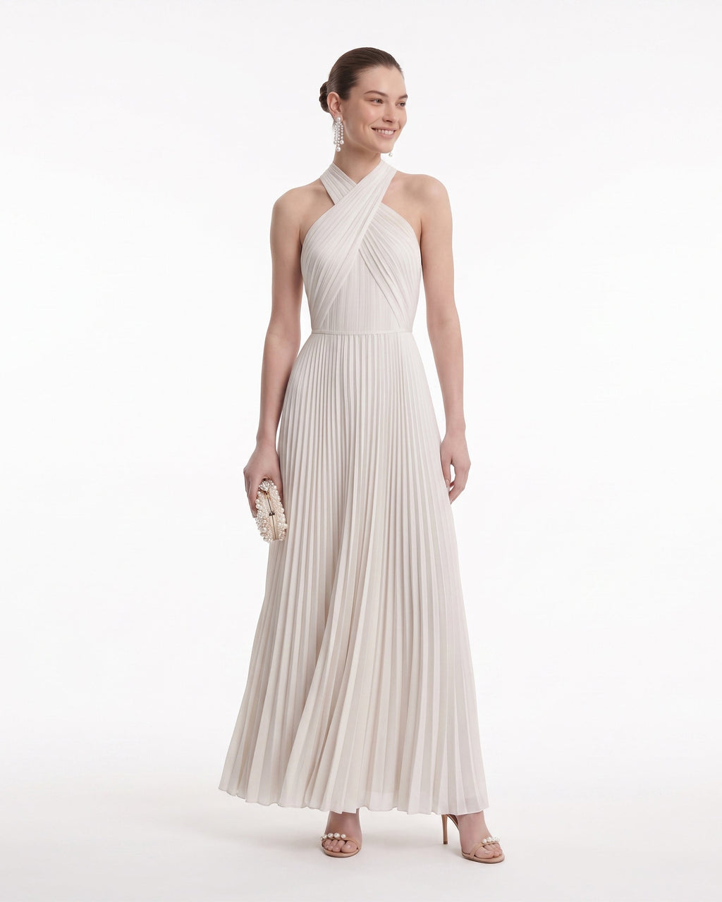 Pleated Cross Halter Maxi Dress - Ivory