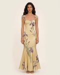 Iris Print Satin Mermaid Maxi Dress - Soft Yellow