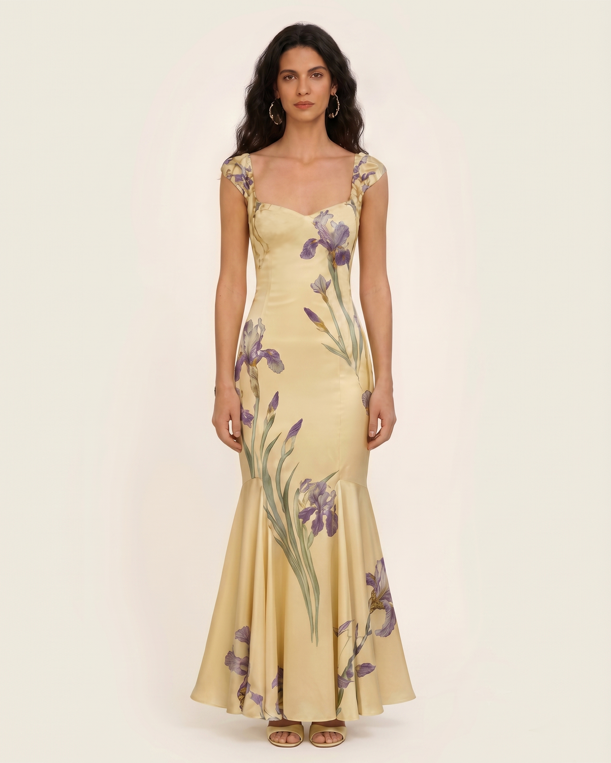 Iris Print Satin Mermaid Maxi Dress - Soft Yellow