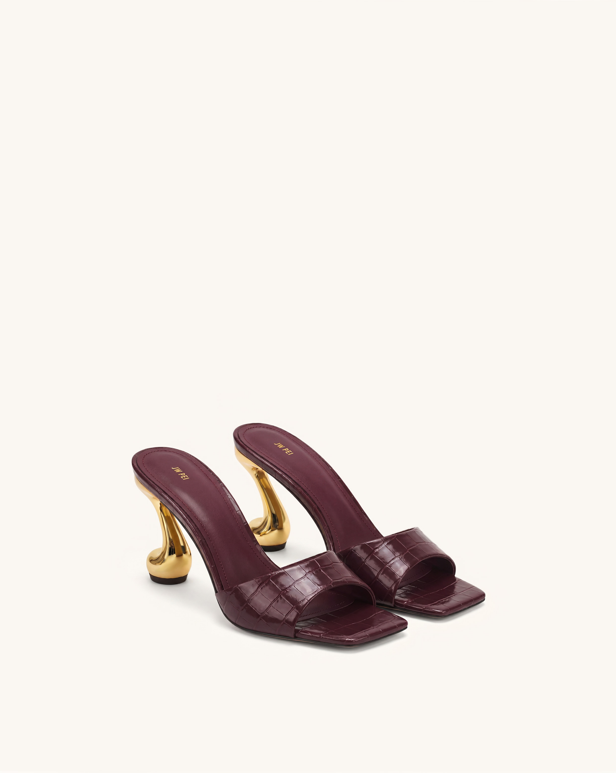 Hannah Croc-Embossed Heel Mules - Burgundy