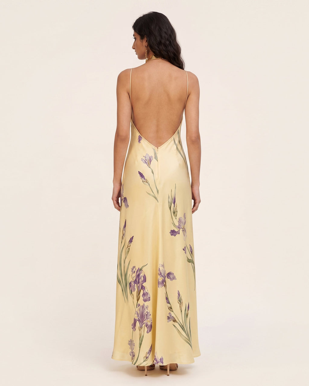Iris Print Cross-Halter Open-Back Maxi Dress - Yellow