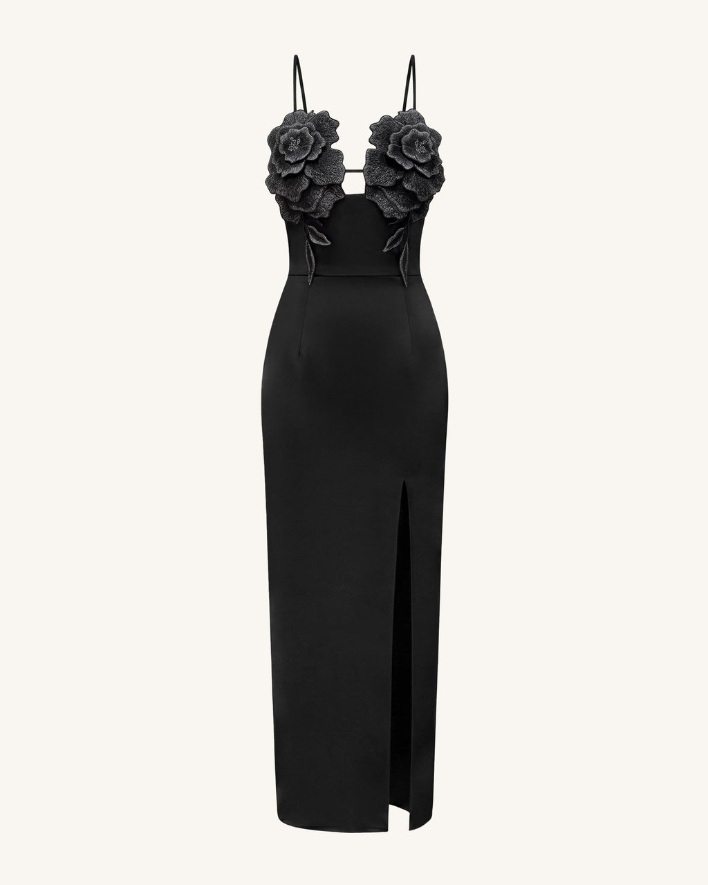 3D Floral Strappy Maxi Dress - Black