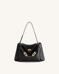 Rhea Pebbled Double Buckle Shoulder Bag - Black