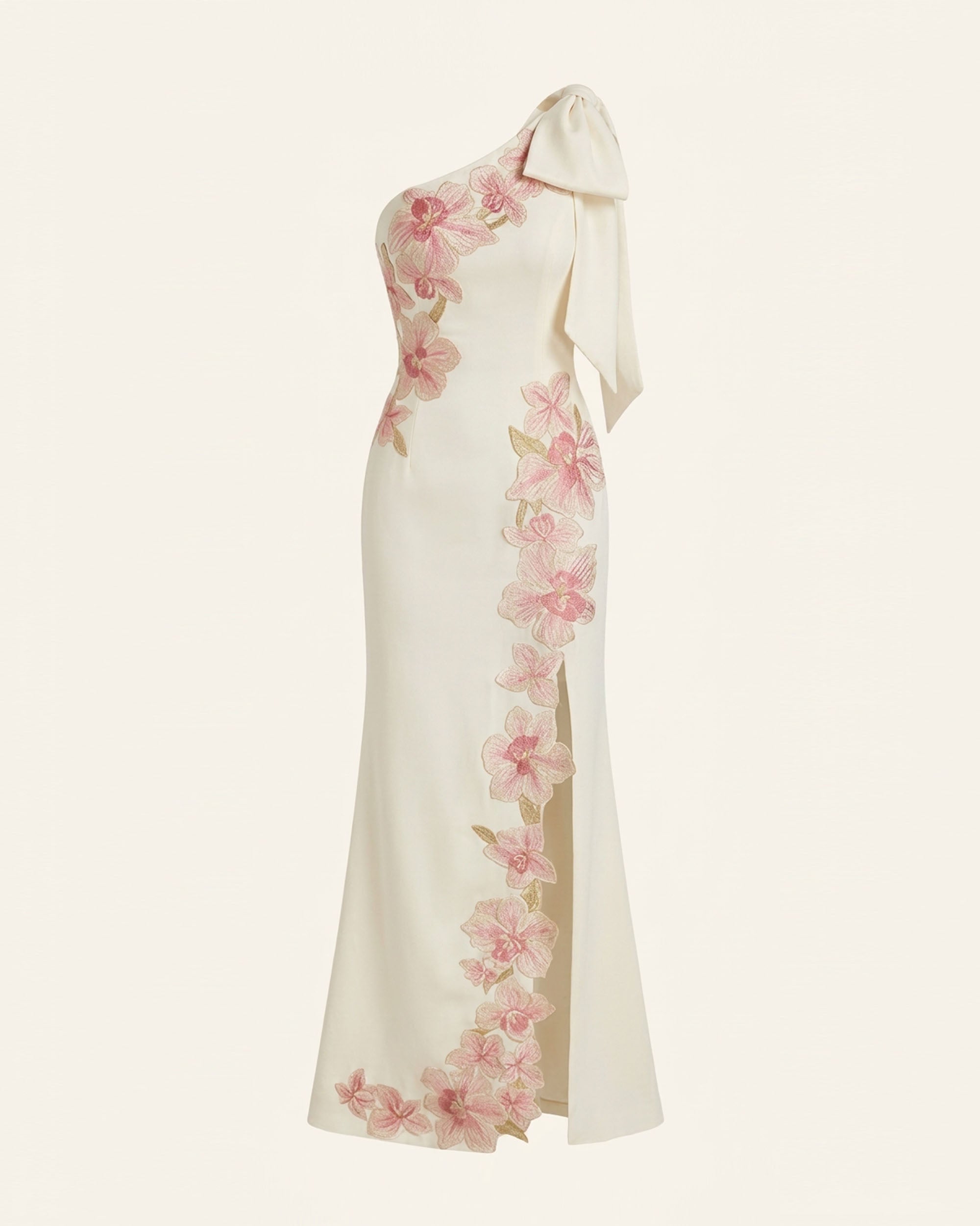Flower Embroidered One-Shoulder Maxi Dress - Ivory