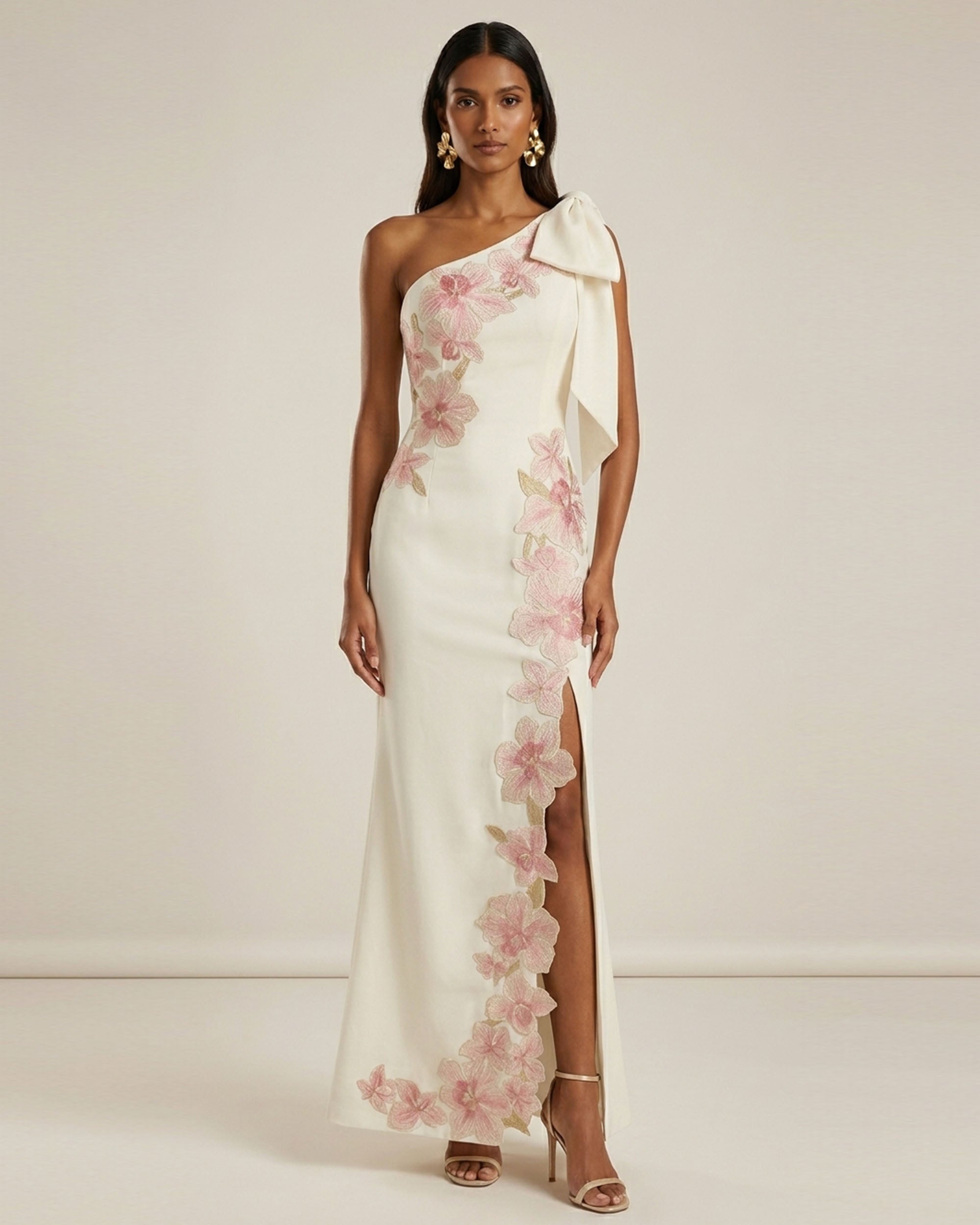 Flower Embroidered One-Shoulder Maxi Dress - Ivory