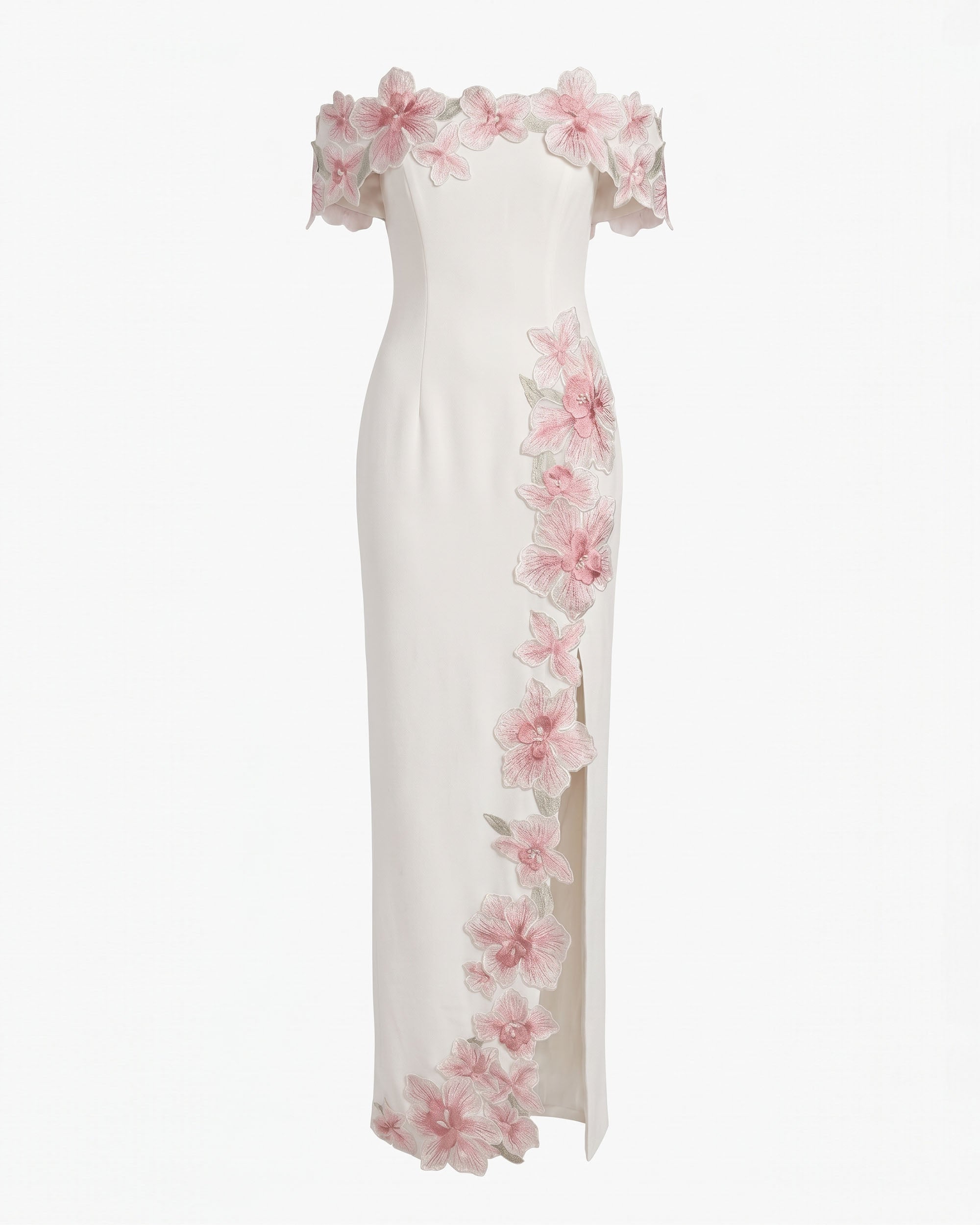 Flower Embroidered Off-Shoulder Maxi Dress - Ivory