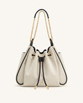 Rowan Ruched Drawstring Chain Bucket Bag - Black Canvas