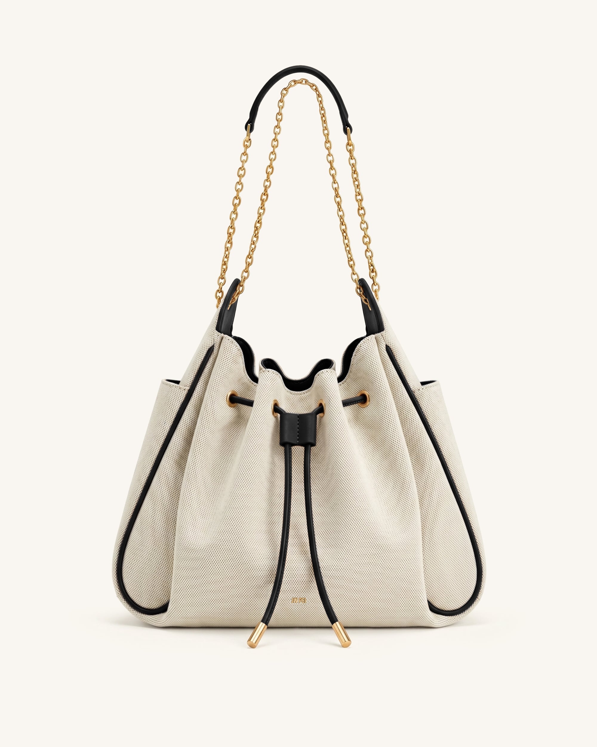 Rowan Ruched Drawstring Chain Bucket Bag - Black Canvas