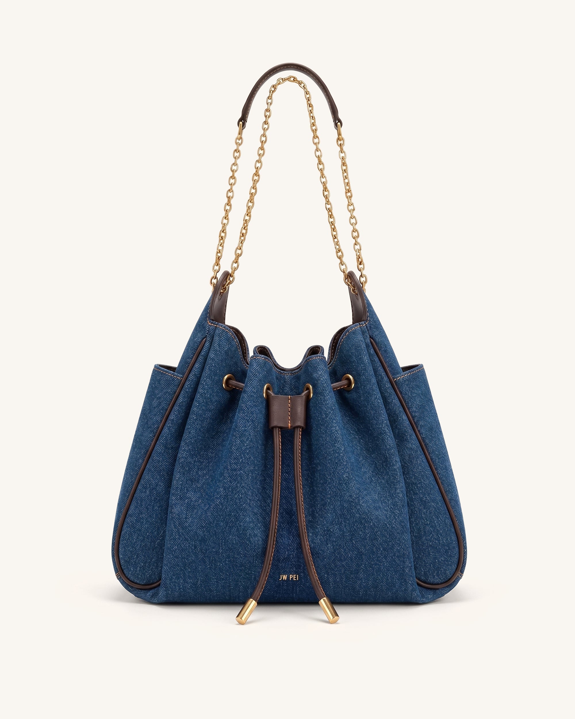 Rowan Ruched Drawstring Chain Bucket Bag - Dark Blue Denim