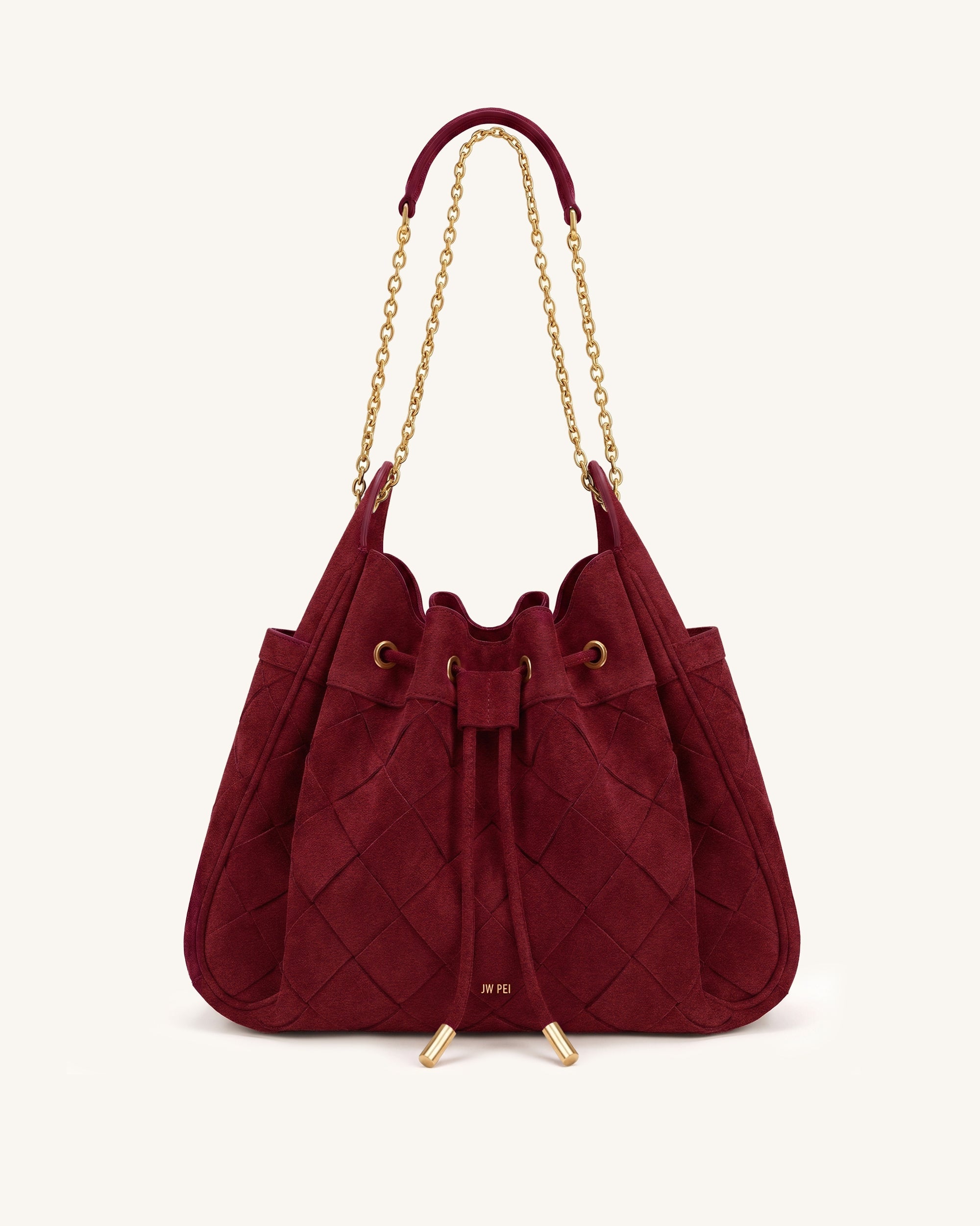 Rowan Faux Suede Weaving Ruched Drawstring Chain Bucket Bag - Dark Cherry