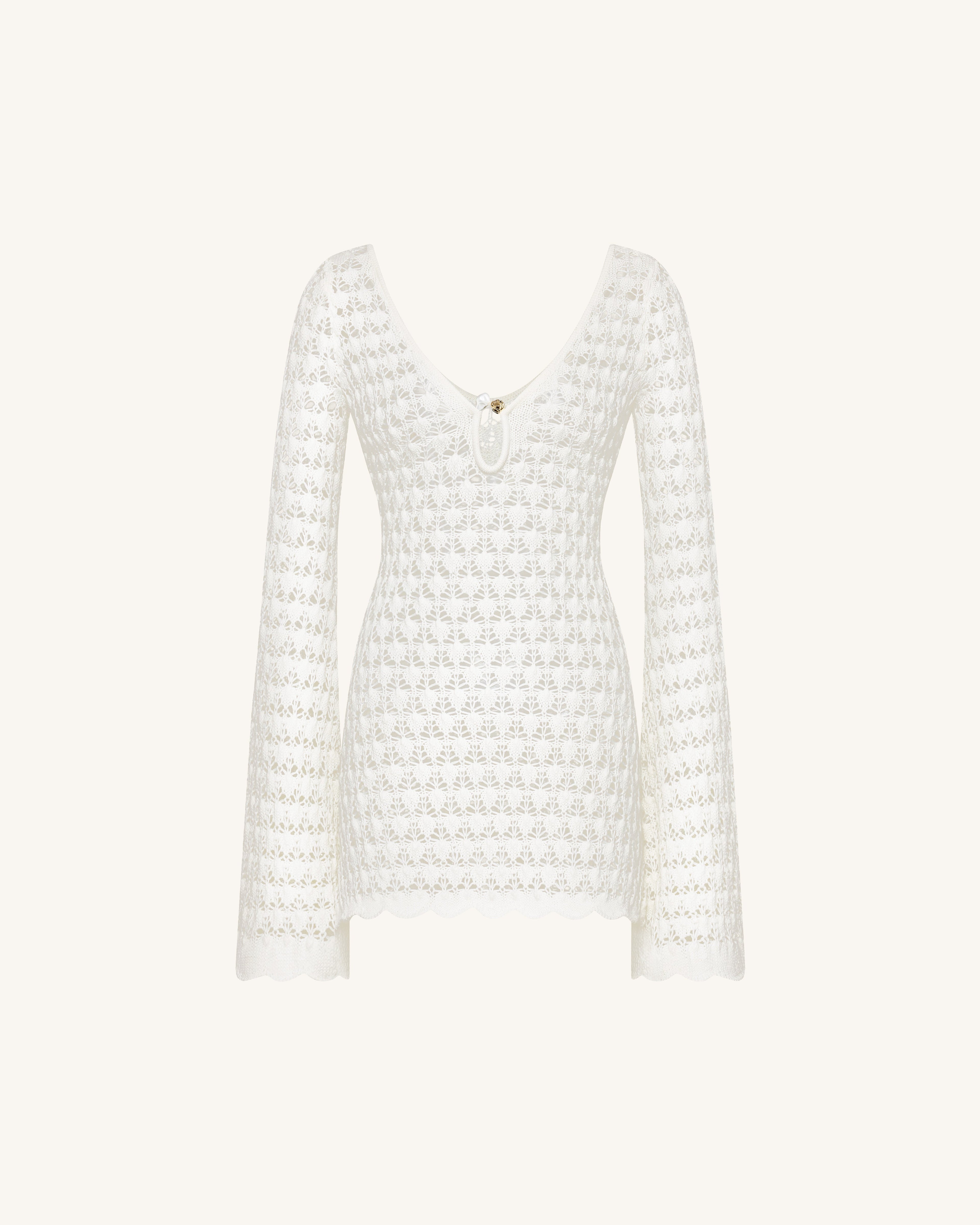 Pointelle Knit Keyhole Mini Dress - White