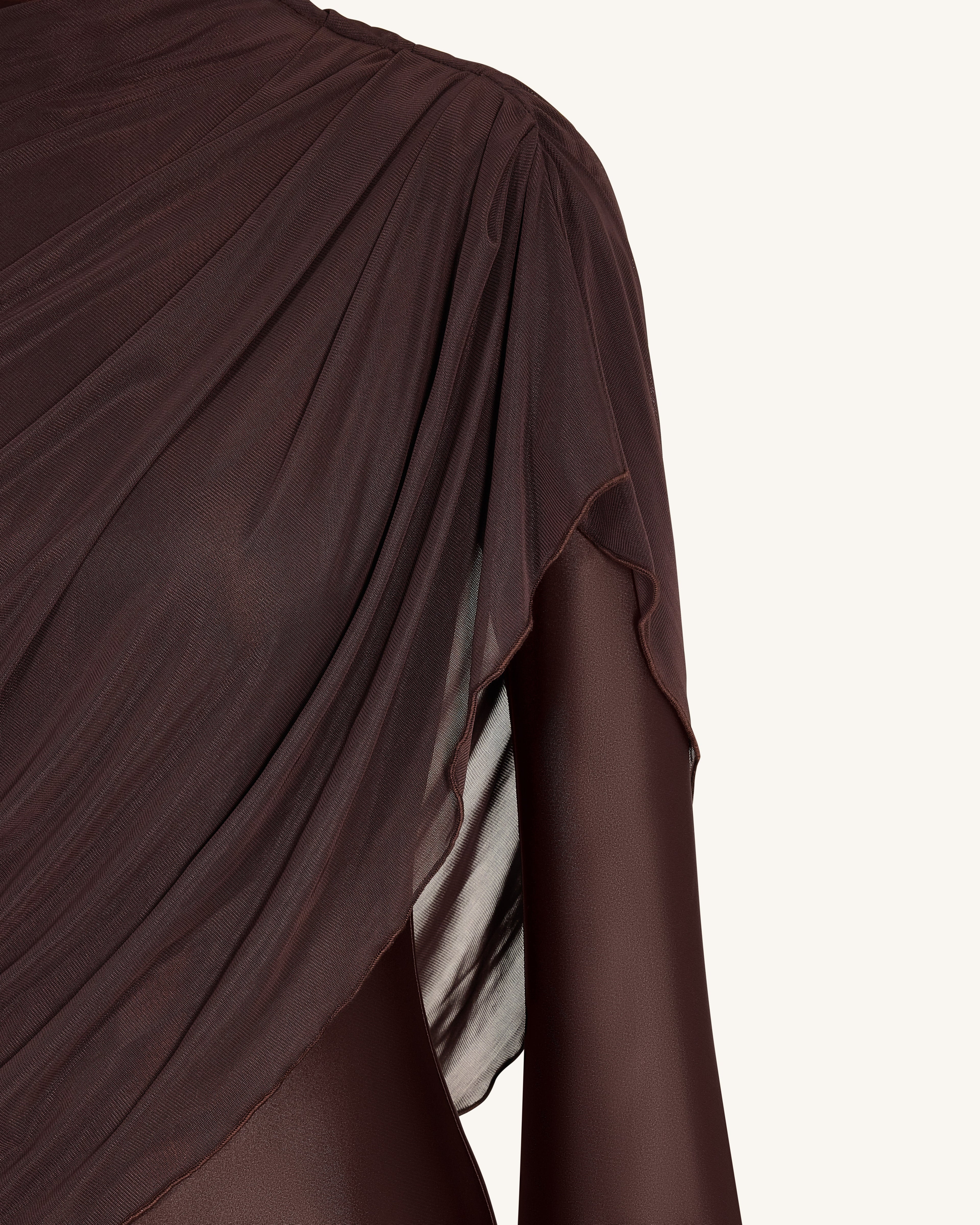 Sheer Shawl Ruched Bodycon Maxi Gown - Brown