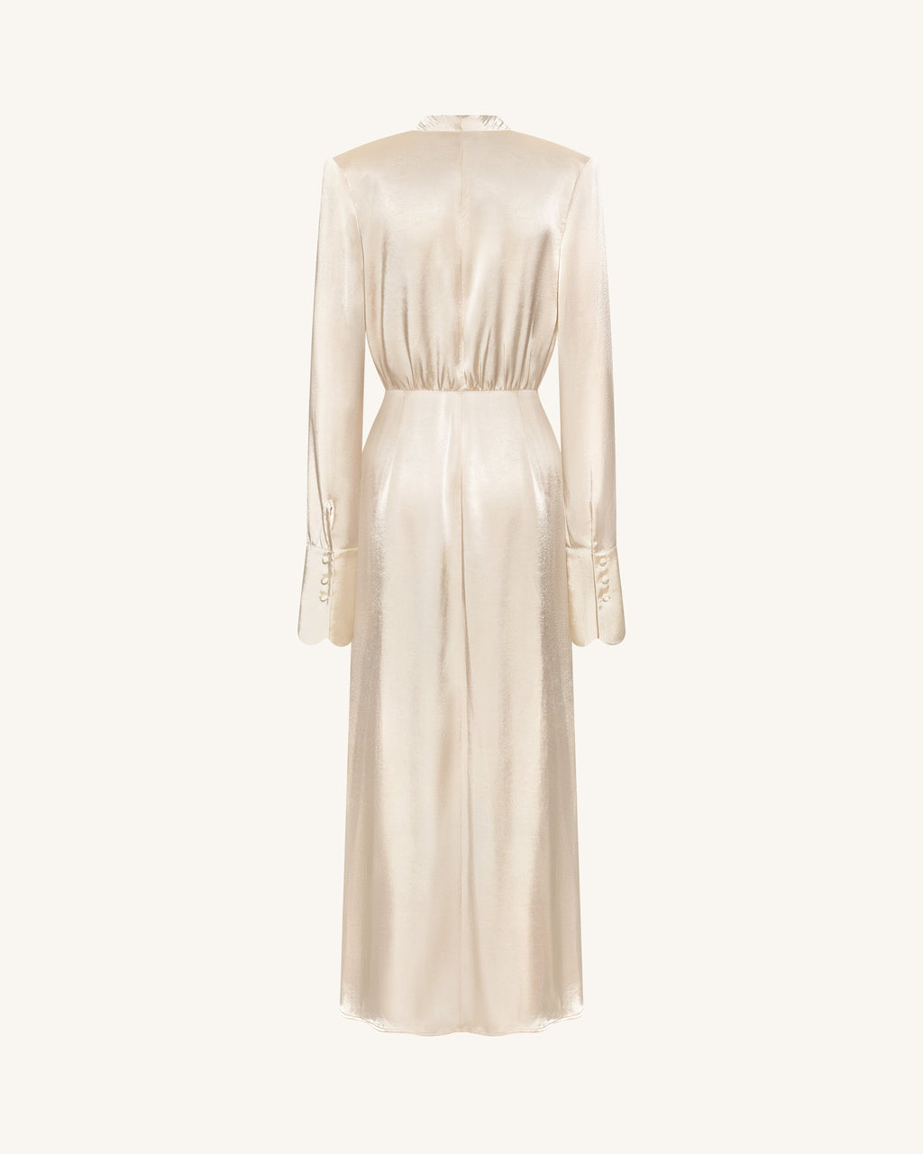 Structured Shoulder Design Satin High-Neck Fitted Maxi Dress - Cream