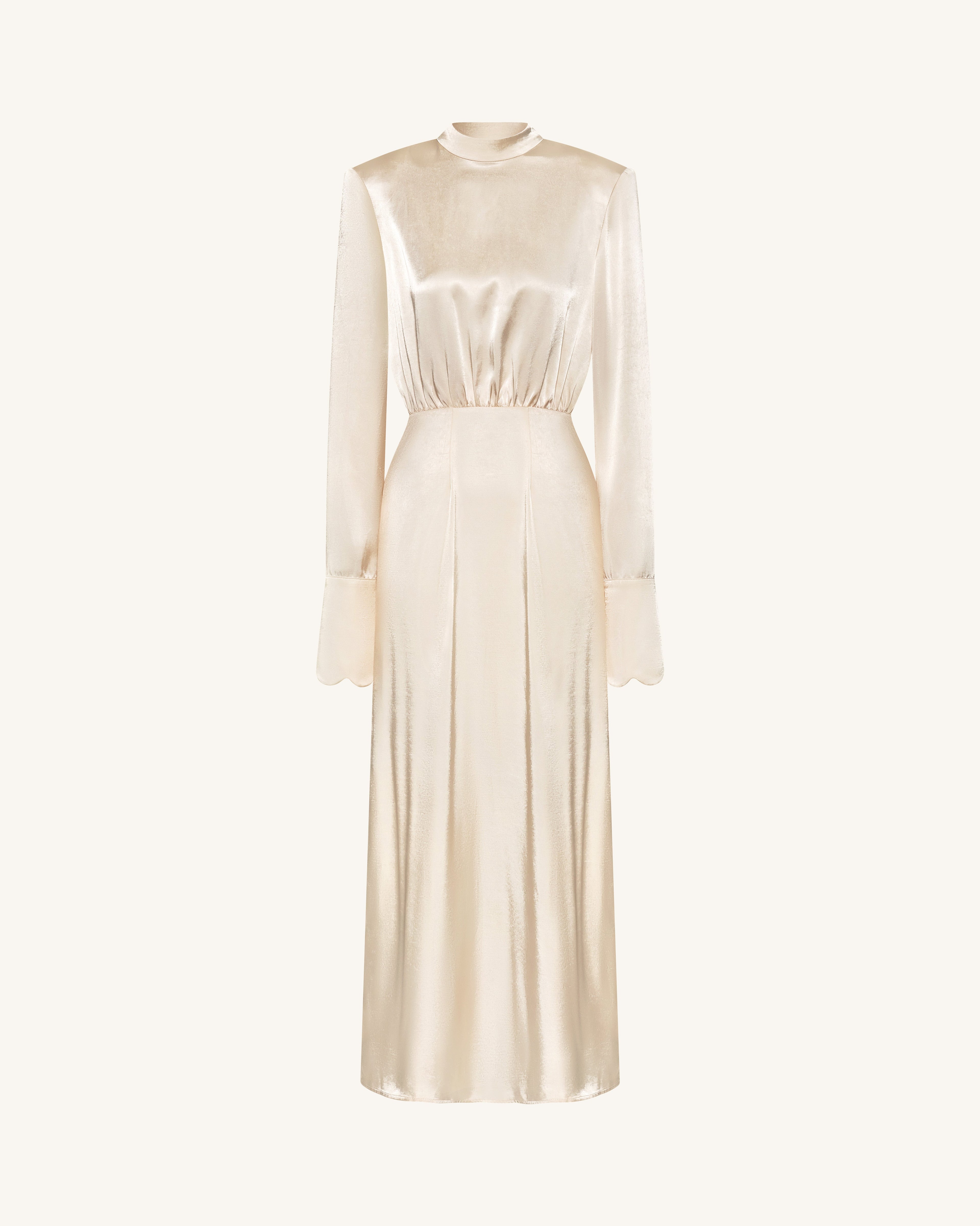 Structured Shoulder Design Satin High-Neck Fitted Maxi Dress - Cream