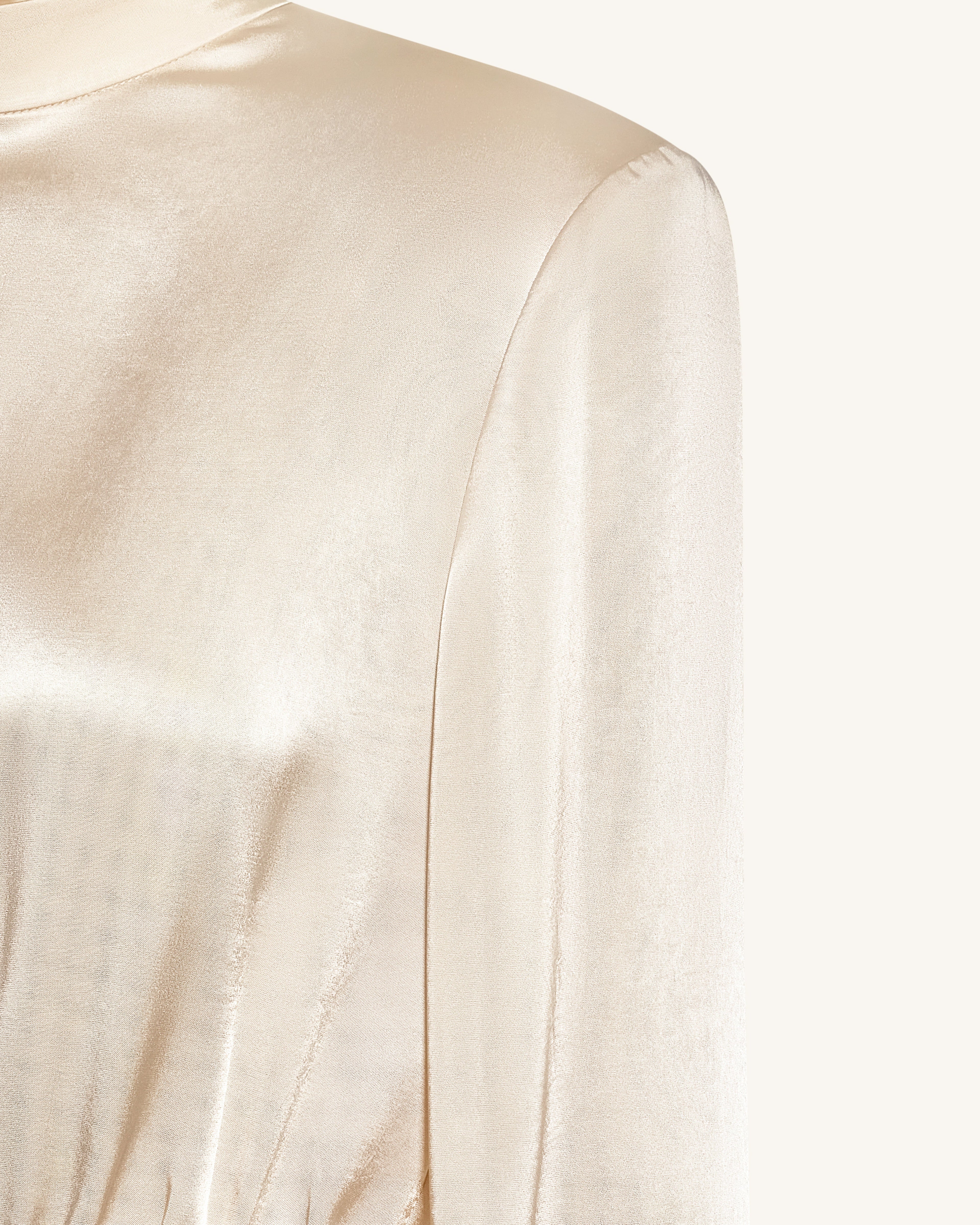 Structured Shoulder Design Satin High-Neck Fitted Maxi Dress - Cream