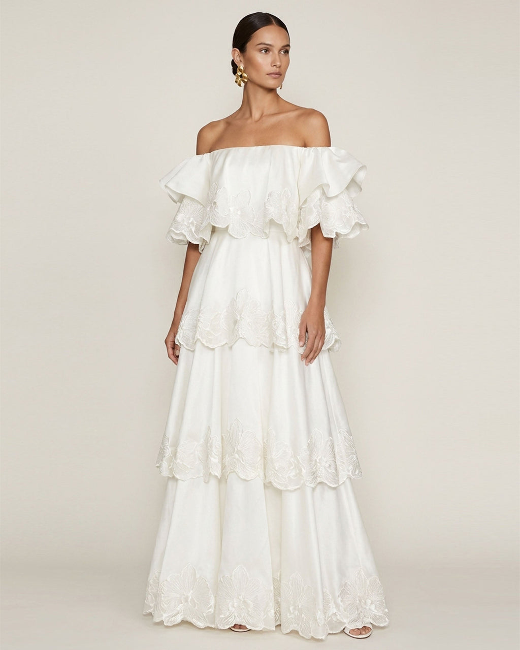 Orchid Embroidered Tiered Off-Shoulder Maxi Dress - White