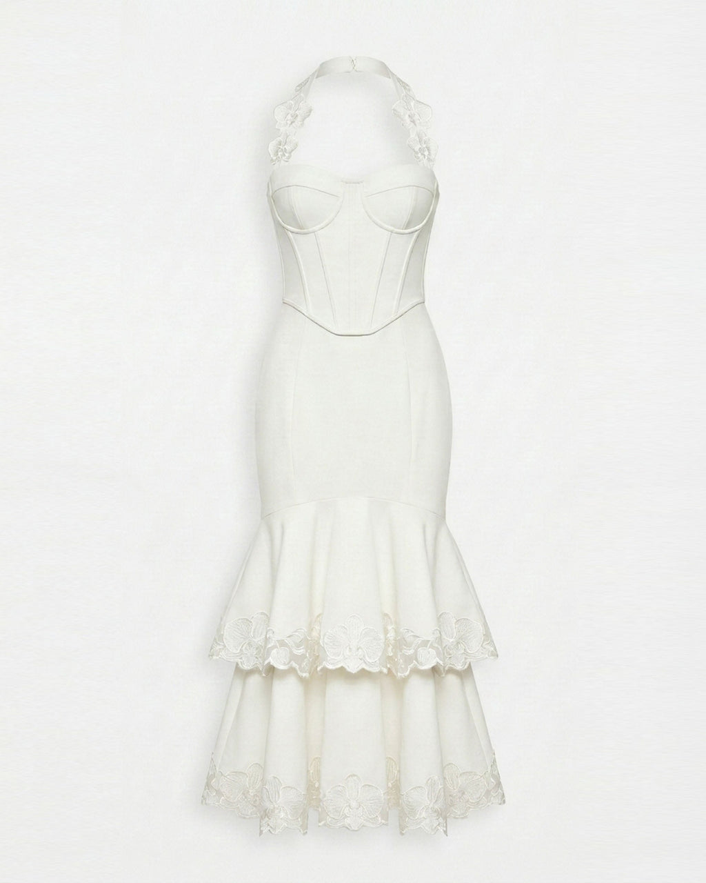 Orchid Embroidered Halter Corset Midi Dress - White