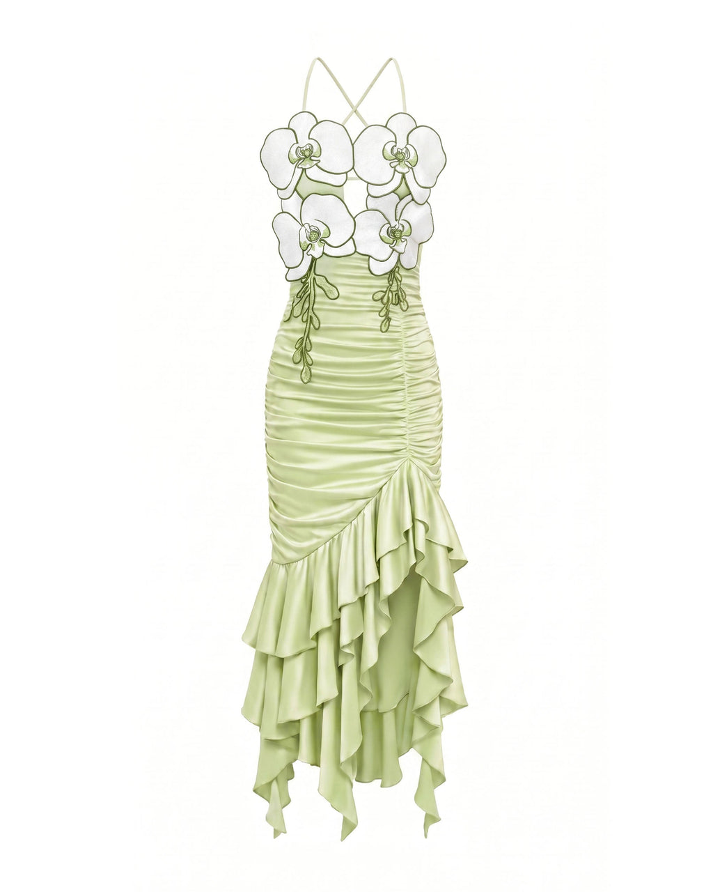 Orchid Embellished Ruched Ruffle Dress - Light Green