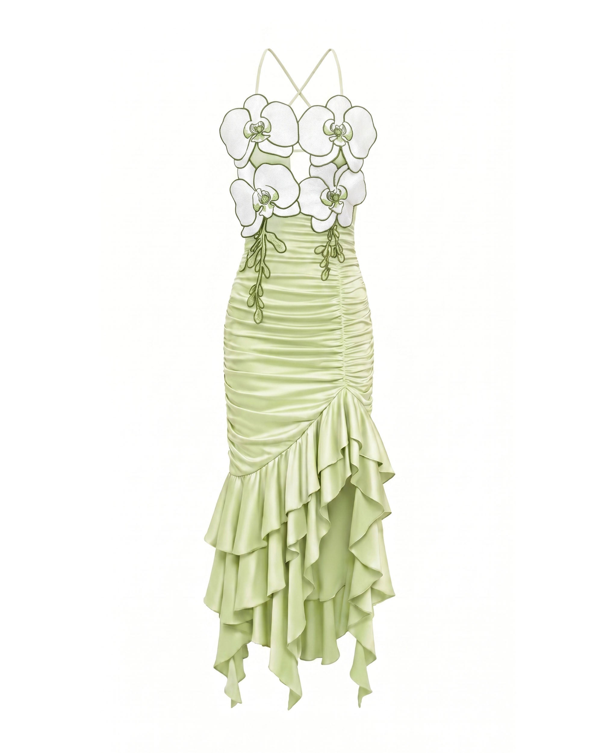 Orchid Embellished Ruched Ruffle Dress - Light Green
