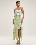 Orchid Embellished Ruched Ruffle Dress - Light Green