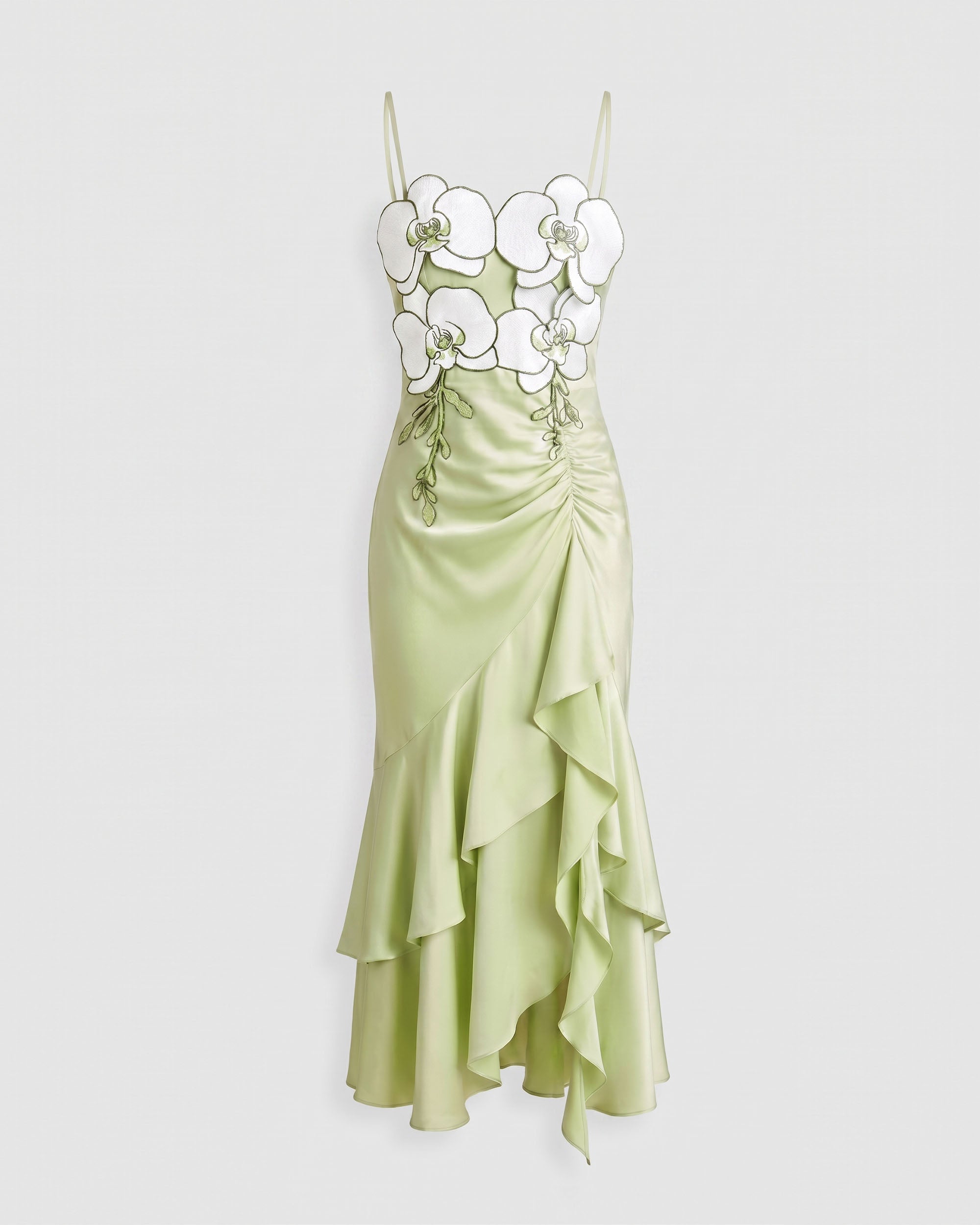 Orchid Embellished Cascade Ruffle Dress - Light Green