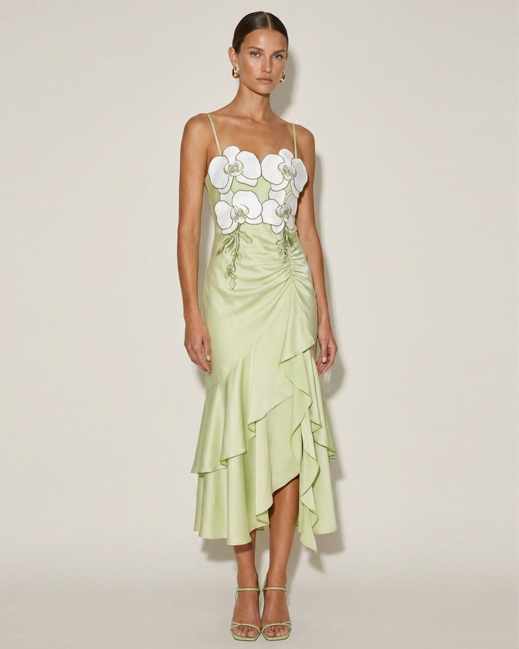 Orchid Embellished Cascade Ruffle Dress - Light Green