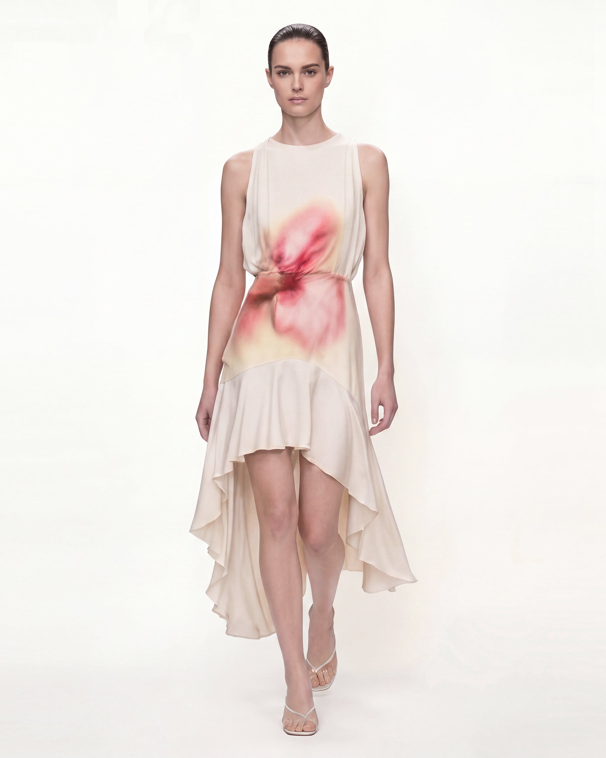 Floral Print Sleeveless High-Low Dress -  Ivory